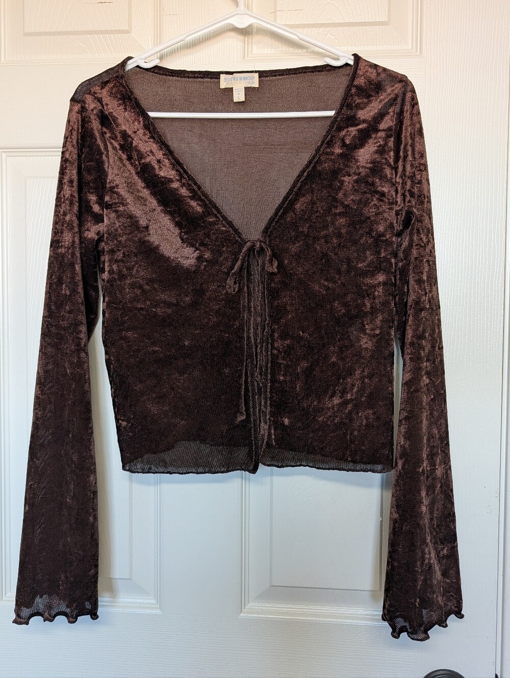 Whimsigoth Brown Velvet Flare Sleeve Tie Front Cardigan Top See You Monday Y2K
